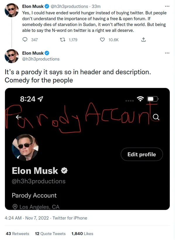 h3h3 tweet making fun of musk